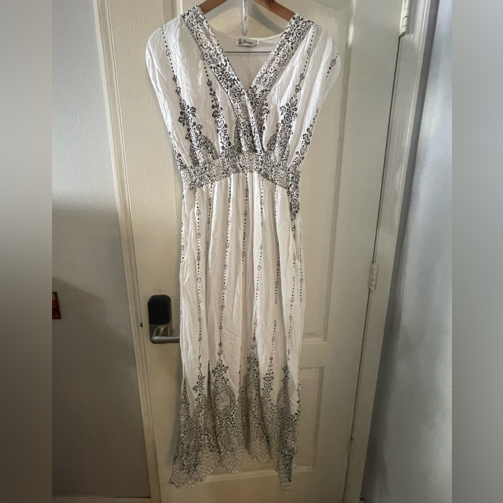 Elegant White, Black And Silver Embellished Maxi Dress